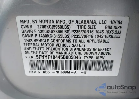 2005 Honda Pilot Ex z USA, uszkodzony, nr VIN 5FNYF18445B005046